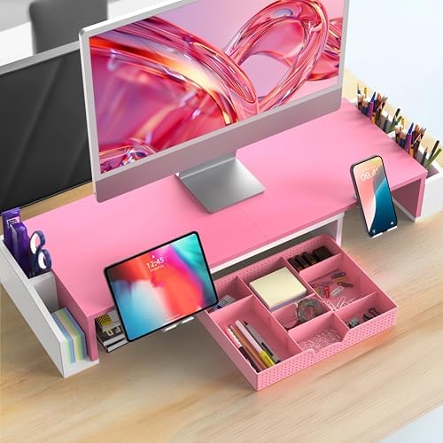 Simple Houseware Desk Dual Monitor Stand Riser with Drawer, Pink - Image 7