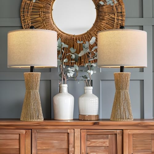 OYEARS 22.5" Table Lamps for Living Room,Boho Lamps Set of 2 for Bedrooms, Bedside Lamp for Nightstands, Rattan Lamp, Farmhouse Table Lamp for Room Decor, End Table, Retro, Brown(Not Include Bulbs) - Image 7