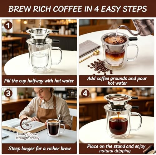 2-in-1 Immersion & Pour Over Coffee Maker,Reusable Stainless Steel Pour Over Coffee Dripper, V60 Style with Detachable Stand, Paperless Metal Coffee Filter for Single Cup Brewing - Image 6