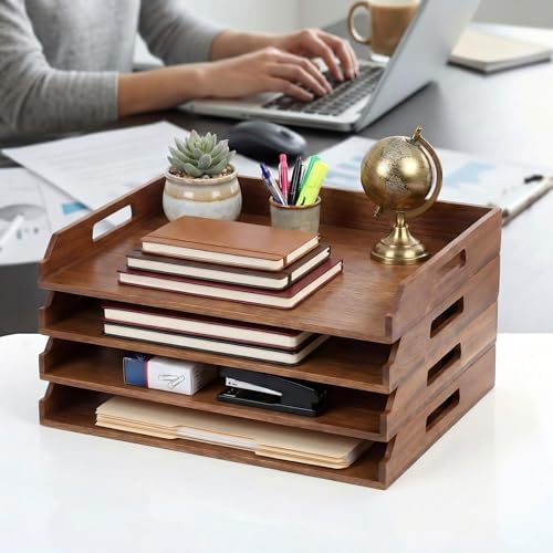 AceOrbit 4 Pcs Stackable Paper Tray Acacia Wood Desk Organizer Letter Tray - Image 6