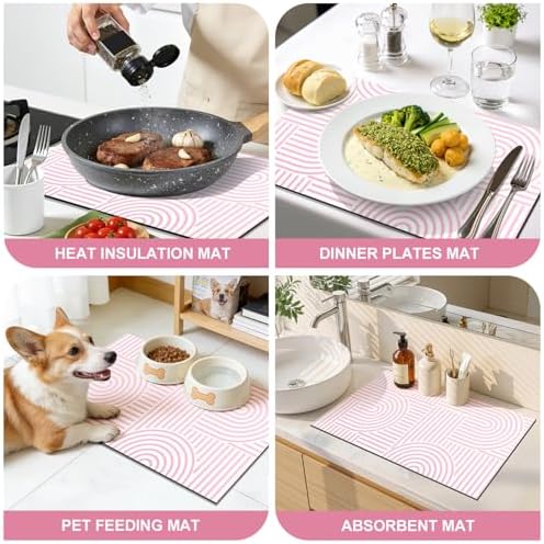 Findosom Geometric Dish Drying Mat, 12" x 20" Absorbent Coffee Mat, Pink - Image 7