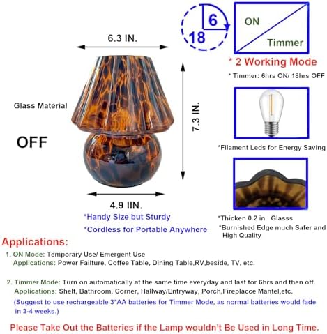 AFORTLO Battery Powered Mushroom Table Lamp with Timmer,Cordless Small Atmosphere Glass Table Lamp,Portable Decovative NightLight for Corner/Entryway/Stairway/Bathroom/Fireplace (Black Flower) - Image 7