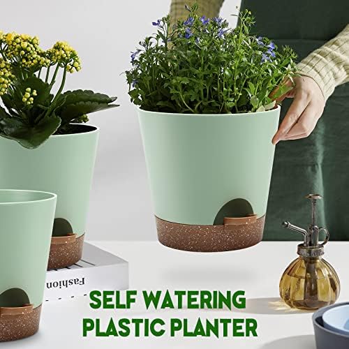 YNNICO Indoor Self Watering Planters with Drainage Holes and Saucers, 9,8, 7.5 Inches, Green, 3 Pots (Springgreen) - Image 6