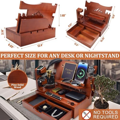 Nightstand Organizer for Men with Large Drawer Gift for Men Walnut - Image 6