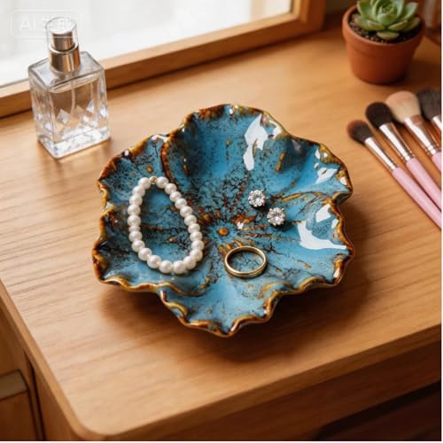 Flower Shaped Ceramic Jewelry Tray, Decorative Trinket Dish for Rings Earrings Necklaces, 5 Inch Ceramic Catchall Tray for Vanity Bathroom, Gift for Women (Blue) - Image 6