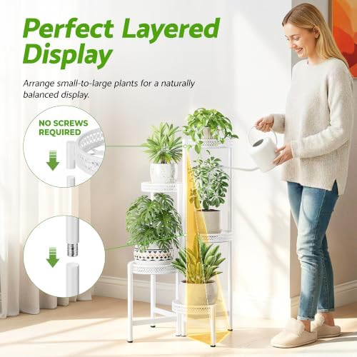 Metal Plant Stand Indoor Outdoor, 5 Tier Tall Flower Pot Holder Potted Display Rack Shelf, Heavy Duty Corner Plant Shelf for Patio Garden Balcony Living Room Bedroom - WhiteWave - Image 6