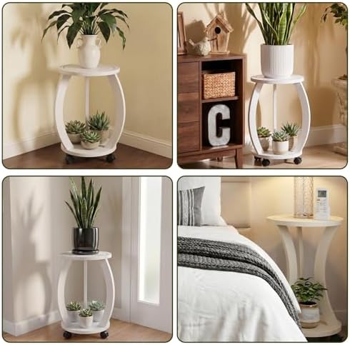 2 Tier Wooden Plant Stand Indoor with Wheels – Tall Plant Stand for 6-12 Inch Pots, Mid-Century Modern Rustic Plant Table Indoor, Pedestal Stand for Corner, Living Room, Balcony, White - Image 6
