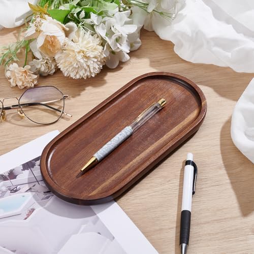 PLIGREAT Oval Wooden Pen Tray, Minimalist Brown Writing Instrument Rest Tea Coffee Table Tray for Office Desk Organizer Kitchen Tableware - Image 5