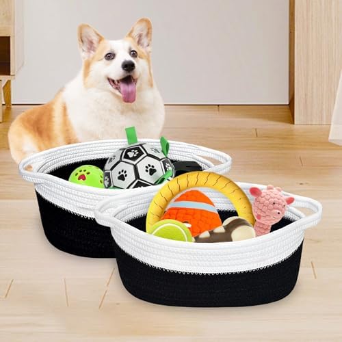 ABenkle Small Basket with Handles, Boho Decorative Rope Woven Dog Cat Toy Storage Bin Shelf Storage Organizer, Easter Christmas Gift Basket, 12"x8"x5" - Image 4
