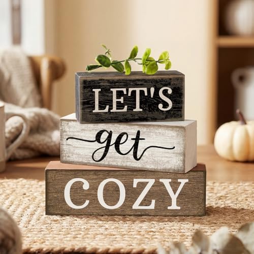 Moucuny 4 Pcs Farmhouse Table Decor Inspirational Wood Signs Let's Get Cozy - Image 6