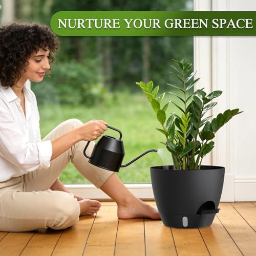Self Watering Pots with Drainage Holes, 3 Pack 12/10/8 Inch Plant Pots with Water Level Indicator Deep Reservoir, Large Plastic Planter for Indoor Outdoor Plants - Black - Image 7