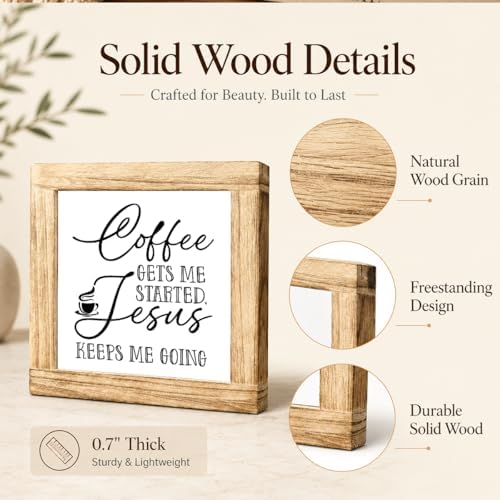 Christian Coffee Wood Sign, Coffee Gets Me Started Jesus Keeps Me Going Plaque, Faith Kitchen Counter Decor, Rustic Farmhouse Shelf Accent For Coffees Station, 5.9 x 5.9 in - Image 6