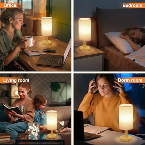Small Touch Table Lamps Set of 2 with Stepless Dimming&USB Plug, Natural Round Wood Base & Linen Fabric Shade |Soft Ambient Night Light |Minimalist Boho Bedside Lamp for Bedroom,Nursery,Kitchen,Dorm - Image 7