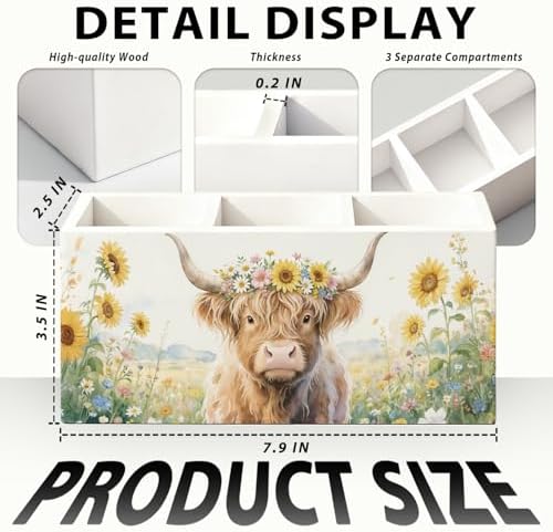 Highland Cow Floral Pen Pencil Holder for Desk, Highland Cow Gifts, Western Office Decor, Rustic Western Cattle Farm Animal Wooden Box Sign Decorations for Home Office Desk Tabletop - Image 7