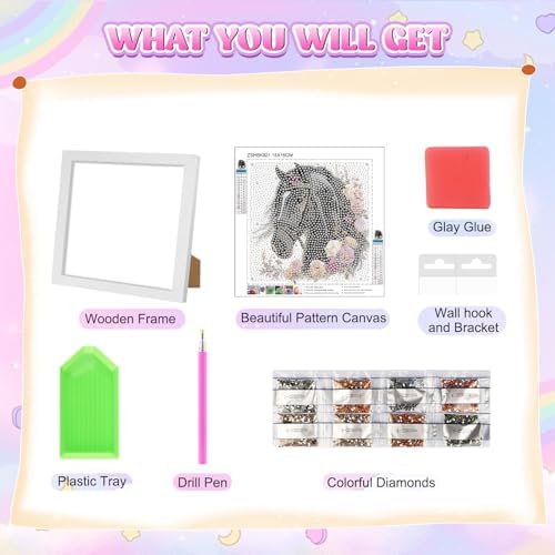 GHHKUD Black Horse Diamond Art Painting Kits for Adults with Frame, Diamond Art Animals Crafts for Ages 4-6-8-12, Easy to DIY Gem Painting Gifts Home Wall Deco 15x15cm (Beautiful Packages) - Image 7