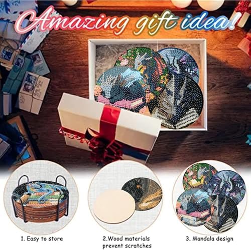 NEGEKFKX 8 Pcs Dragon Book Diamond Art Painting Coasters Kits, Coaster with Holder for Adults, Non-Slip DIY Dot Paint Craft Kits,5D Full Drill DIY Diamond Dot Gem Art Kit Home Decor Arts Craft - Image 7