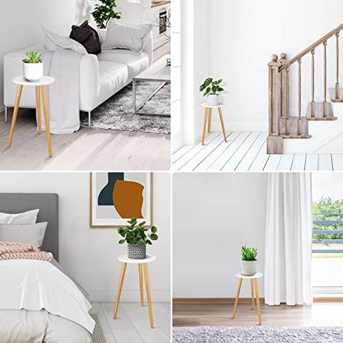 Uneedem Indoor Plant Stand - Mid Century Wooden Plant Table, Tall Holder for Flower Pots, Small Round End Table (A3-White, High: 20.5") - Image 6