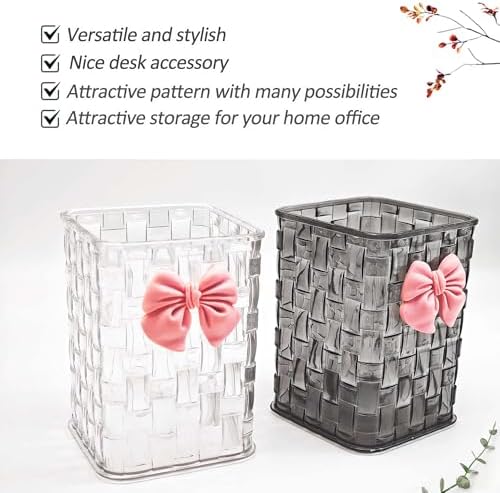 Pen Holder for Desk Cute Acrylic Makeup Brush Holder, Woven Texture with Bow Decor, Desk Stationery Desktop Caddy Cosmetic Accessories for Office, Home, School, Kitchen - Clear White - Image 7