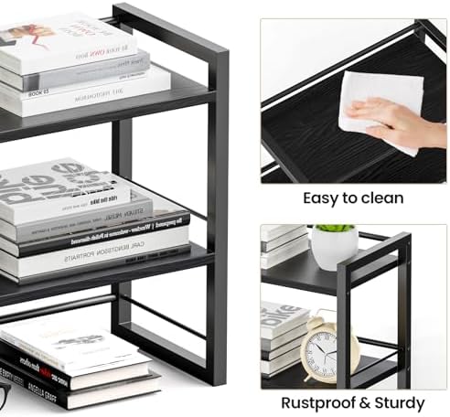 Office Desk Shelf Organizer, Wood Desktop Bookshelf Supplies Storage Rack, Shelf for Top of Desk and Dresser (Pure Black-2 Tier) - Image 6