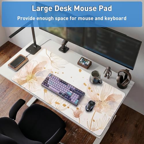 Gold Desk Mat, Aesthetic Floral Large Mouse Pad, 35.4 x 15.7 Inch XXL Keyboard Mat Non-Slip Waterproof Desk Pad, Full Desk Protector for Women Office Home (Champagne) - Image 7
