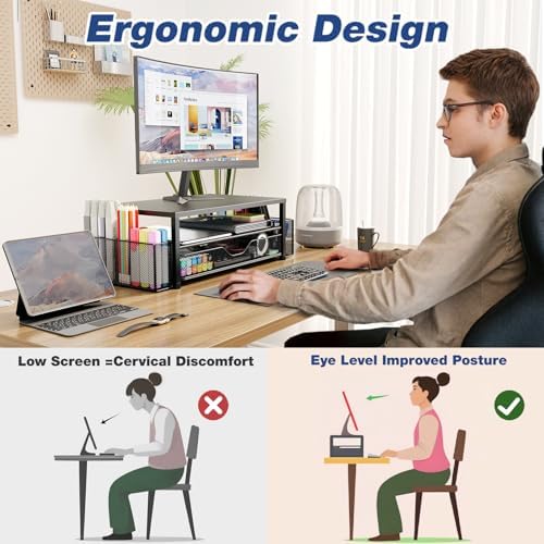 OPNICE Desk Organizer and Accessories, 2-Tier Computer Monitor Stand Riser with Drawer and 2 Pen Holders, Laptop Stand, Office Desk Accessories for Office Supplies, Pink - Image 6