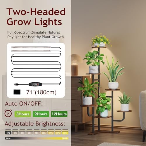 Homsorout Corner Plant Stand with Grow Light - 6 Tier Plant Stand Indoor Round Metal Plant Shelf with Adjustable Light, Plant Organizer for Living Room, Garden, Home Decor, Brown - Image 6