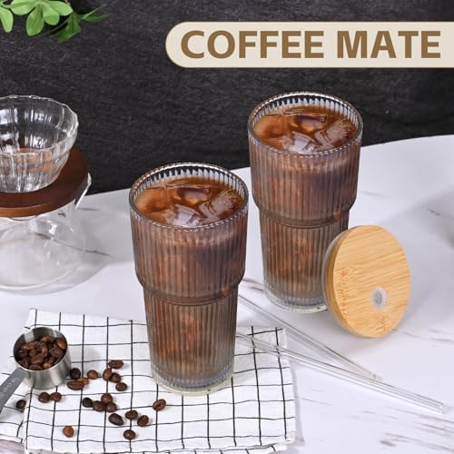 20oz Ribbed Glass Tumblers with Lids and Straws, 2 PCS Iced Coffee Cups,Glass Coffee Cups with Bamboo Lid,Vintage Glassware for Whiskey Cocktail Beer - Image 7