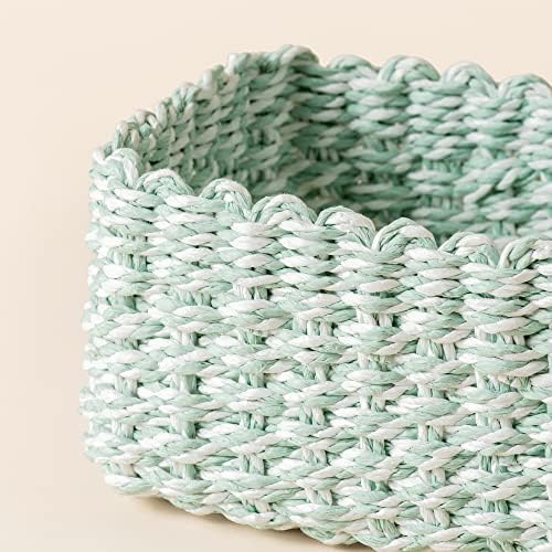 LA JOLIE MUSE Paper Rope Storage Baskets for Organizing, Recycled Wicker Storage Basket Container Bins for Shelves Cupboards Drawer, Small Woven Basket Set of 3 (Green White) - Image 6