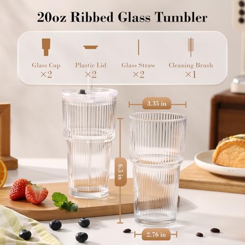 20oz Iced Coffee Cups with Lids, Ribbed Glass Cups with Lids and Straws - Image 6