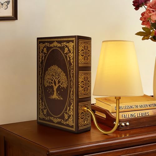 AELS Vintage Bookshelf Lamp with Bulb, 3-Color Touch Control Dimmable Table Lamp with Linen Shade, Modern Bookend Lamp for Bedroom, Office & Bookshelf Decor, Tree of Life Brown & Gold - Image 6