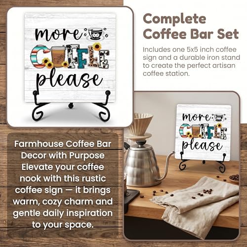 Coffee Bar Sign, More Coffee Please Sign, Coffee and Tea Lover Gifts, 5x5 Wood Plaque with Iron Stand for Home Kitchen Cafe, Coffee Bar Decor – A07 - Image 7