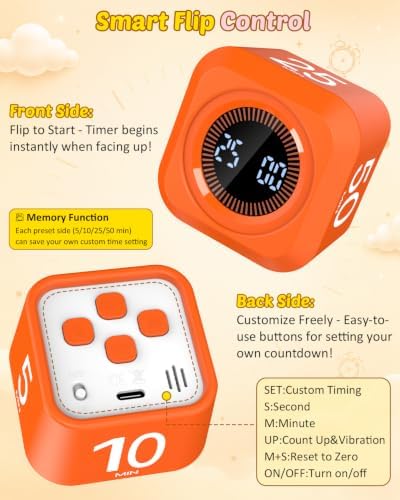 Pomodoro Timer Cube with Silicone Case 5/10/25/50 min, Vibrate&Sound Alarm - Image 6