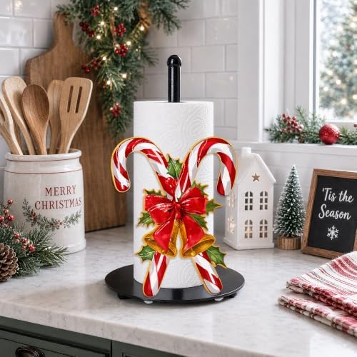Christmas Candy Cane Paper Towel Holder, Farmhouse Xmas Kitchen Countertop Decor, Golden Bell Red Bow Holly Paper Towel Roll Stand, Christmas Housewarming Birthday Gift for Women Mom - Image 7