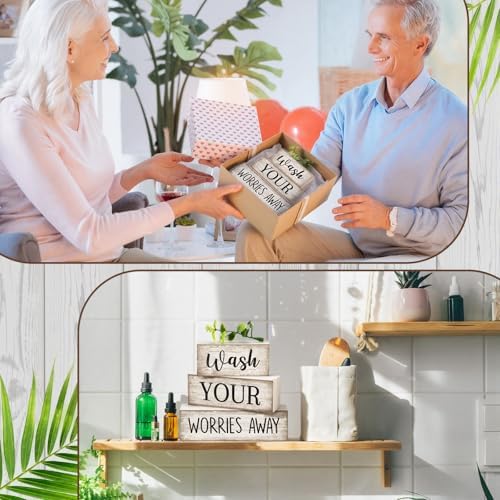 Moucuny 3 Pcs Laundry Room Decor Wood Block Signs Wash Your Worries Away - Image 6
