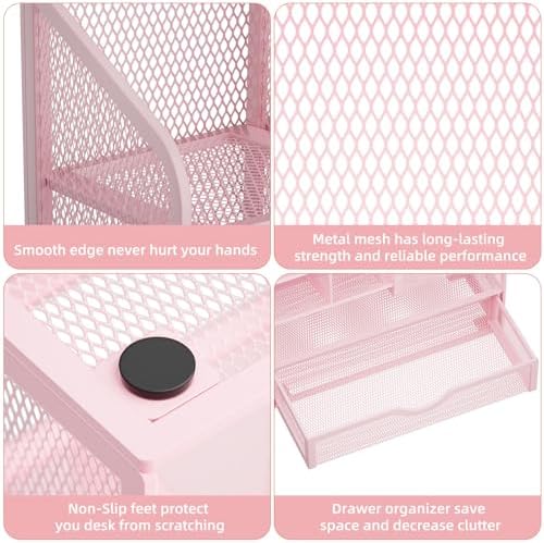 Marbrasse Mesh Desk Organizer with Drawer, Multi-Functional Pencil Organizer, 12 Compartments, Pink, Modern, Minimalist - Image 6