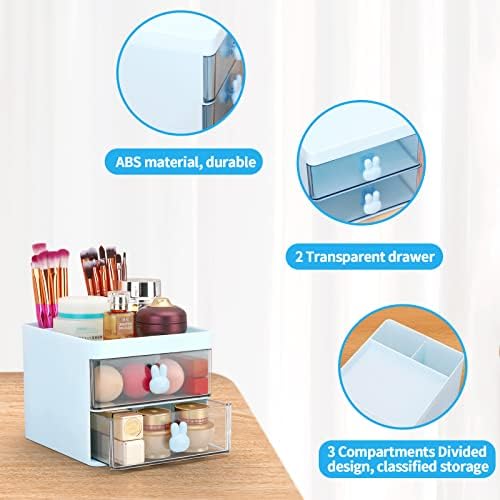 LETURE Small Desk Organizer With Drawer, Office Desktop Storage Box, Business Card/Pen/Pencil/Mobile Phone/Stationery Holder Storage Box, Makeup Organizer for Office School Home (Blue) - Image 7