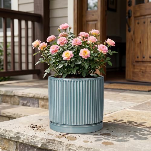 Ceramic Planter 10 Inch, Round Plant Pots with Saucer, Glaze Blue - Image 7