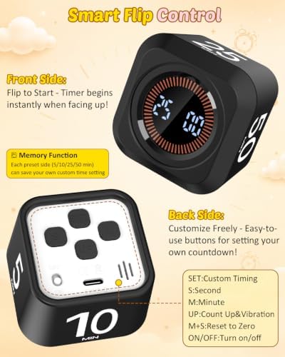 Pomodoro Timer Cube with Silicone Case 5/10/25/50 min, Vibrate&Sound Alarm - Image 6