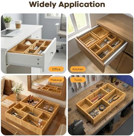 KOCWELL Bamboo Desk Drawer Organizer with Removable Dividers,Multi-Use Office Drawer Organizer Tray,Junk Drawer Organizers for Office,School,Kitchen,Makeup Supply(Original) - Image 6