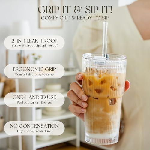 KEMORELA 20oz Ribbed Glass Tumblers with Lids and Straws,Iced Coffee Cups - Image 6