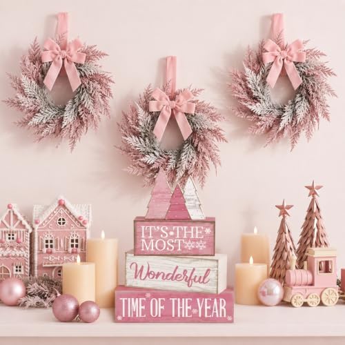 Moucuny 4 Pcs Christmas Table Decoration Wooden Pink Wooden Christmas Tree - Image 6