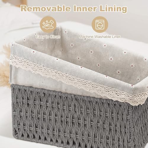 Wicker Storage Baskets 3-Pack Set, Hand-Woven Paper Rope Rattan Bins with Removable Liner, Multi-Size Organizer Baskets for Pantry, Countertop, Bedroom, Bathroom, Shelves (Grey, L+M+S) - Image 7