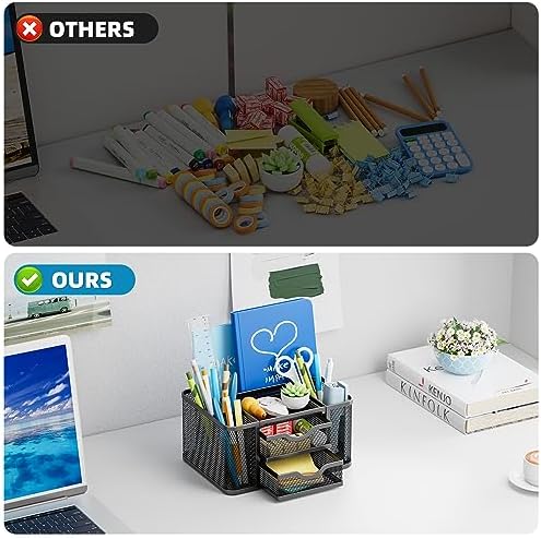 Marbrasse Mesh Desk Organizer, Pen Organizer with 2 Drawer, Multi-Functional Pencil Holder, Desk Organizers and Accessories with 5 Compartments + Drawer for Office Art Supplies (Black) - Image 7