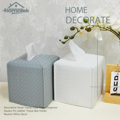 HOMOTEK 2 Pack Tissue Box Cover,PU Leather Tissue Holder,Square Decorative Facial Tissue Cube Paper Organizer Dispenser for Bathroom, Night Stands, Desk, Car 5X5X5'' - Woven Waffle,Light Gray - Image 6