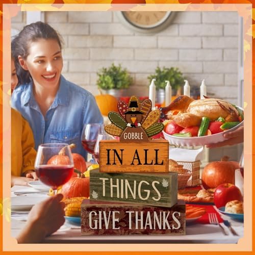 Moucuny 4 Pcs Turkey Wood Block Signs Fall Thanksgiving Tiered Tray Decor - Image 6
