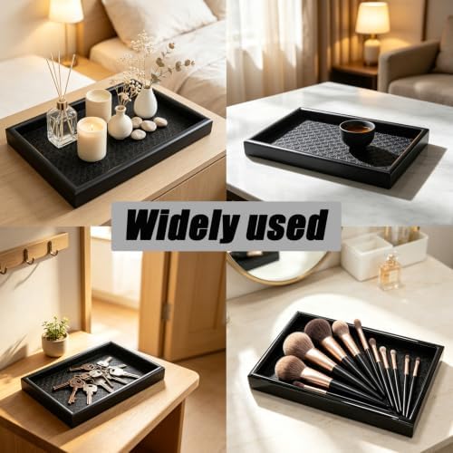 Valet Tray Leather Base Wooden Catchall Tray, Black Rattan Weave - Image 5