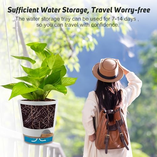 YNNICO 8-Inch Plant Pots, Self-Watering Planters with Drainage Holes & Saucers for Indoor and Outdoor Plants (2-Pack, White) - Image 6