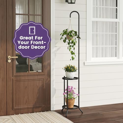 2-Tier Metal Plant Stand with Hanging Hook, Indoor Outdoor Plant Shelf,Heavy Duty Plant holder Rustproof Iron Multiple Plant Round Supports Rack for Planter Corner Garden Balcony Patio (Black) - Image 7
