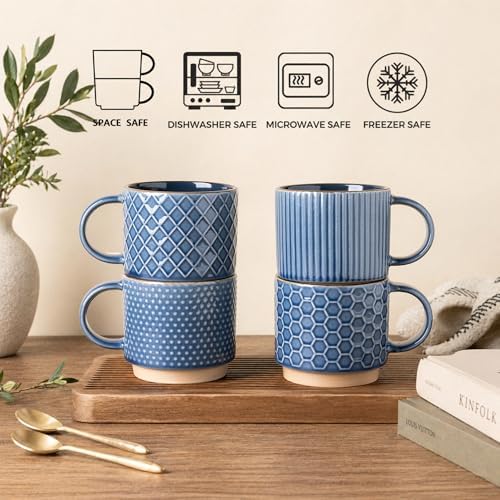 GBhome 12 OZ Stackable Coffee Mugs, Ceramic Coffee Mugs with Texture Patterns for Man,Woman,Dad,Mom, Modern Coffee Cups Set of 4 for Latte/Cappuccino/Cocoa. Dishwasher&Microwave Safe - Image 7