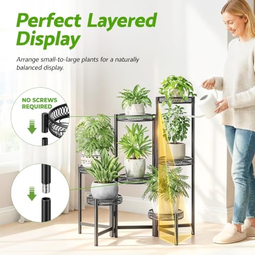 Plant Stand Indoor Outdoor, 7 Tier Large Plant Stand with 7.9-Inch Wide Drainage Tray, Tiered Corner Metal Iron Flower Display Holder Shelf, Folding Tall Rack for Patio Balcony Porch - BlackFlower - Image 6